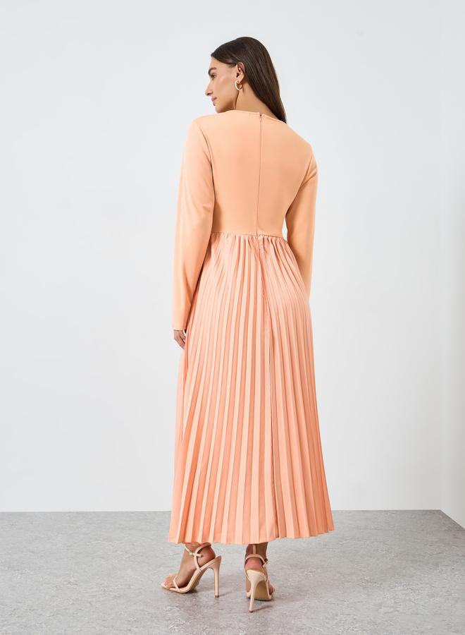 Styli Women Peach Pleated Long Sleeve Midi Dress - Image 5